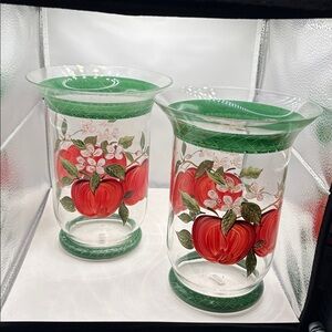 Vintage Apple Blossom Glass Canister Vase Set Green Lattice Rim Apple Decor. 4A